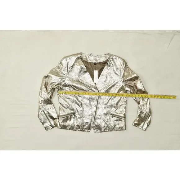 White House Black Market Champagne Metallic Leather Moto Jacket Size XL New - Picture 4 of 8